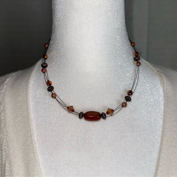Brass Tone Brown Chocolate Small Three Strand Necklace - Picture 1 of 4